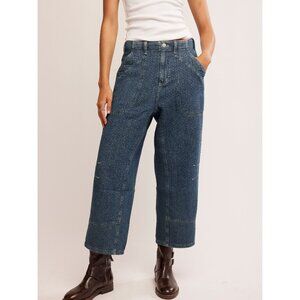Free People Cropped Wide-Leg Denim Trousers in Blue